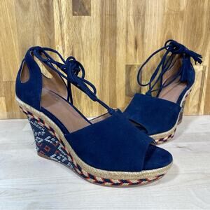 Cabi Isla Espadrille Wedge Sandals Ankle Wrap Navy Suede 6